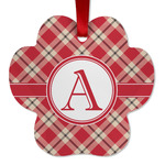 Red & Tan Plaid Metal Paw Ornament - Double Sided w/ Initial