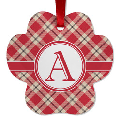 Red & Tan Plaid Metal Paw Ornament - Double Sided w/ Initial