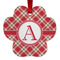 Red & Tan Plaid Metal Paw Ornament - Double Sided w/ Initial