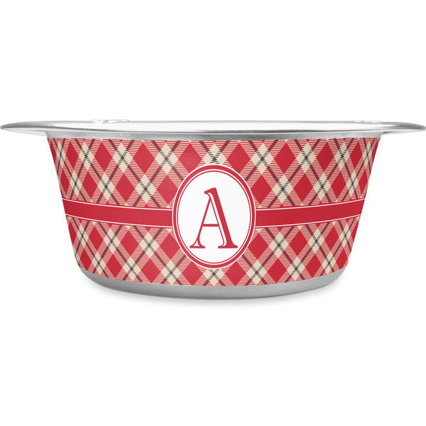 Custom Red & Tan Plaid Stainless Steel Dog Bowl - Medium (Personalized)