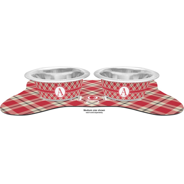 Red & Tan Plaid Metal Pet Bowls - On Dog Bone Shaped Mat