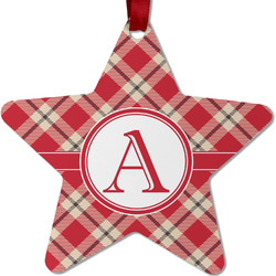 Red & Tan Plaid Metal Star Ornament - Double Sided w/ Initial