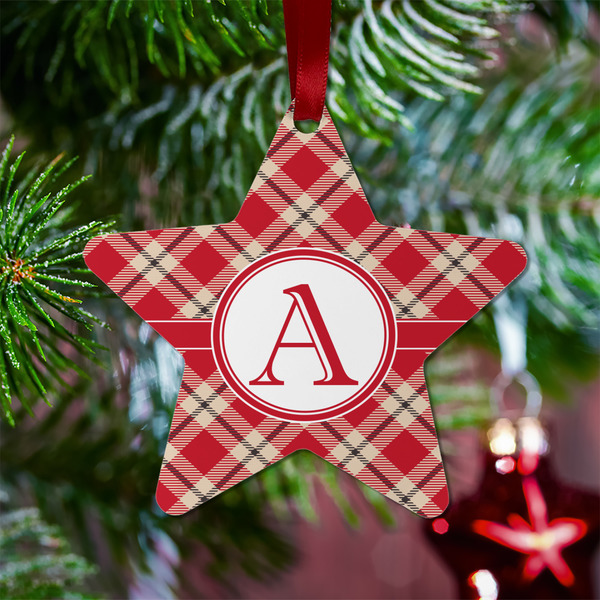 Red & Tan Plaid Metal Star Ornament - Lifestyle