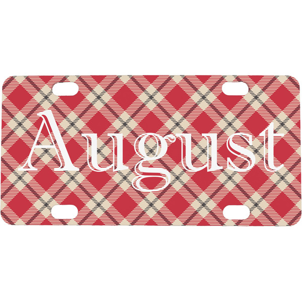 Custom Red & Tan Plaid Mini / Bicycle License Plate (4 Holes) (Personalized)