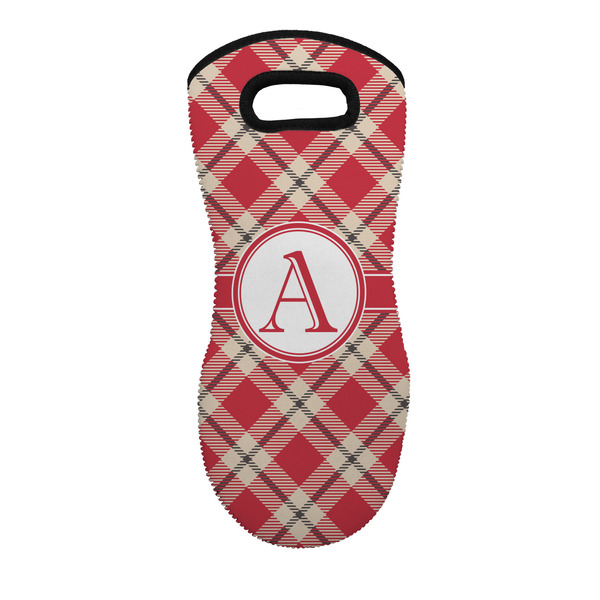 Custom Red & Tan Plaid Neoprene Oven Mitt - Single w/ Initial