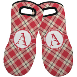Red & Tan Plaid Neoprene Oven Mitts - Set of 2 w/ Initial