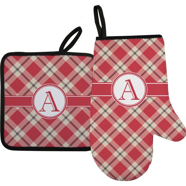 Custom Red & Tan Plaid Oven Mitt & Pot Holder Set w/ Initial
