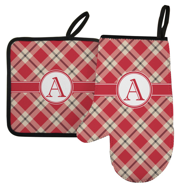 Custom Red & Tan Plaid Left Oven Mitt & Pot Holder Set w/ Initial