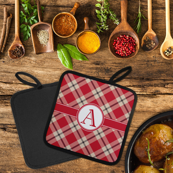 Red & Tan Plaid Neoprene Pot Holder - Set of 2  LIFESTYLE (Flatlay)