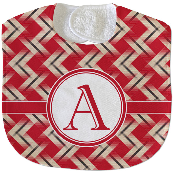Custom Red & Tan Plaid Velour Baby Bib w/ Initial