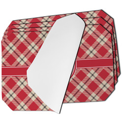 Red & Tan Plaid Dining Table Mat - Octagon - Set of 4 (Single-Sided) w/ Initial
