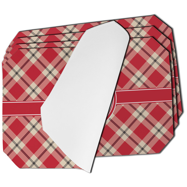 Custom Red & Tan Plaid Dining Table Mat - Octagon - Set of 4 (Single-Sided) w/ Initial
