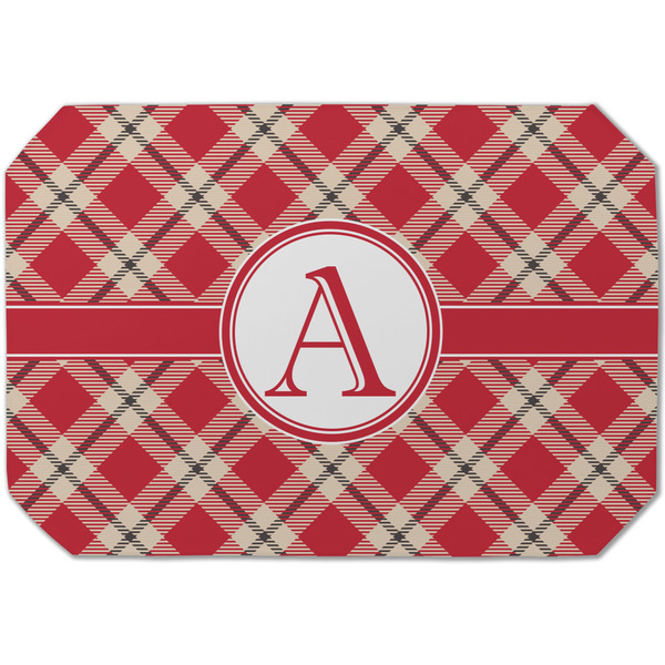Custom Red & Tan Plaid Dining Table Mat - Octagon (Single-Sided) w/ Initial