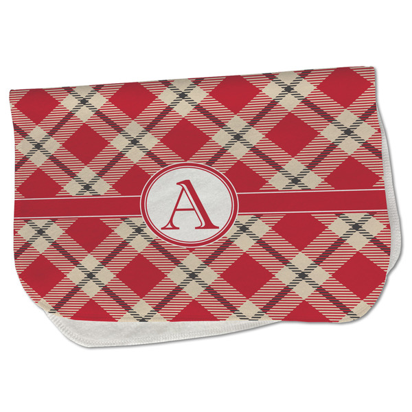 Custom Red & Tan Plaid Burp Cloth - Fleece w/ Initial