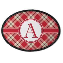 Red & Tan Plaid Iron On Oval Patch w/ Initial