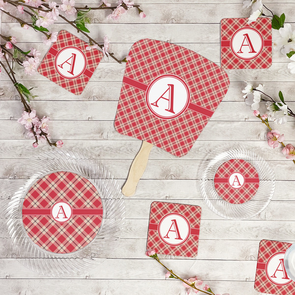 Red & Tan Plaid Party Supplies Combination Image - All items - Plates, Coasters, Fans