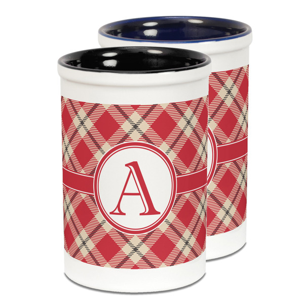 Custom Red & Tan Plaid Ceramic Pencil Holder - Large