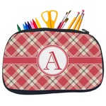 Red & Tan Plaid Neoprene Pencil Case - Medium w/ Initial