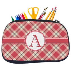 Red & Tan Plaid Neoprene Pencil Case - Medium w/ Initial