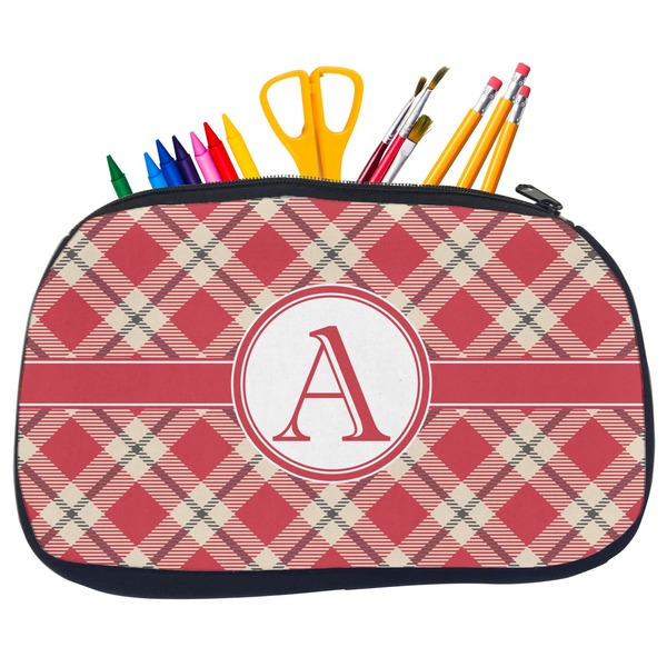 Custom Red & Tan Plaid Neoprene Pencil Case - Medium w/ Initial