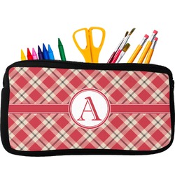 Red & Tan Plaid Neoprene Pencil Case - Small w/ Initial