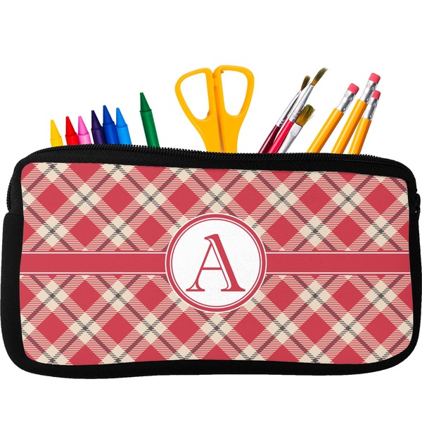 Custom Red & Tan Plaid Neoprene Pencil Case - Small w/ Initial