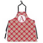 Red & Tan Plaid Apron Without Pockets w/ Initial