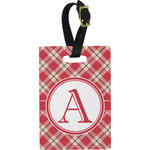Red & Tan Plaid Plastic Luggage Tag - Rectangular w/ Initial