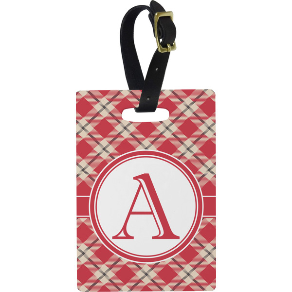 Custom Red & Tan Plaid Plastic Luggage Tag - Rectangular w/ Initial