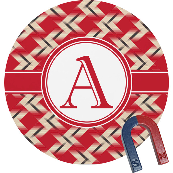 Custom Red & Tan Plaid Round Fridge Magnet (Personalized)