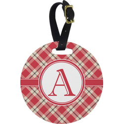 Red & Tan Plaid Plastic Luggage Tag - Round (Personalized)