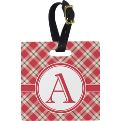 Red & Tan Plaid Plastic Luggage Tag - Square w/ Initial