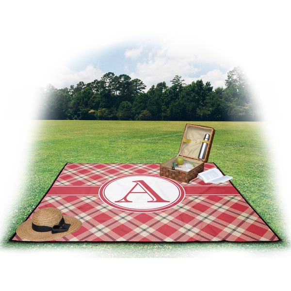 Red & Tan Plaid Picnic Blanket - with Basket Hat and Book - in Use