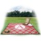 Red & Tan Plaid Picnic Blanket - with Basket Hat and Book - in Use