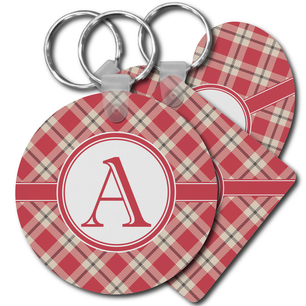 Custom Red & Tan Plaid Plastic Keychain (Personalized)