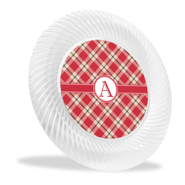 Custom Red & Tan Plaid Plastic Party Dinner Plates - 10" (Personalized)