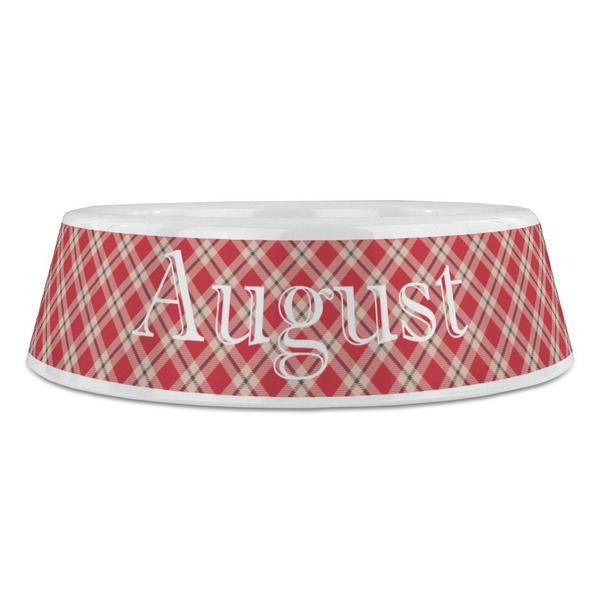 Red & Tan Plaid Plastic Pet Bowls - Large - FRONT