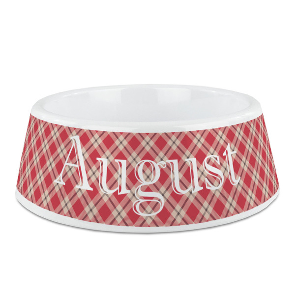 Custom Red & Tan Plaid Plastic Dog Bowl - Medium (Personalized)