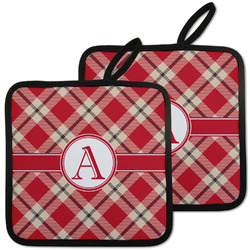 Red & Tan Plaid Pot Holders - Set of 2 w/ Initial