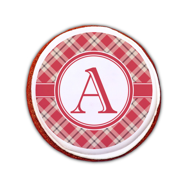 Red & Tan Plaid Printed Icing Circle - Small - On Cookie