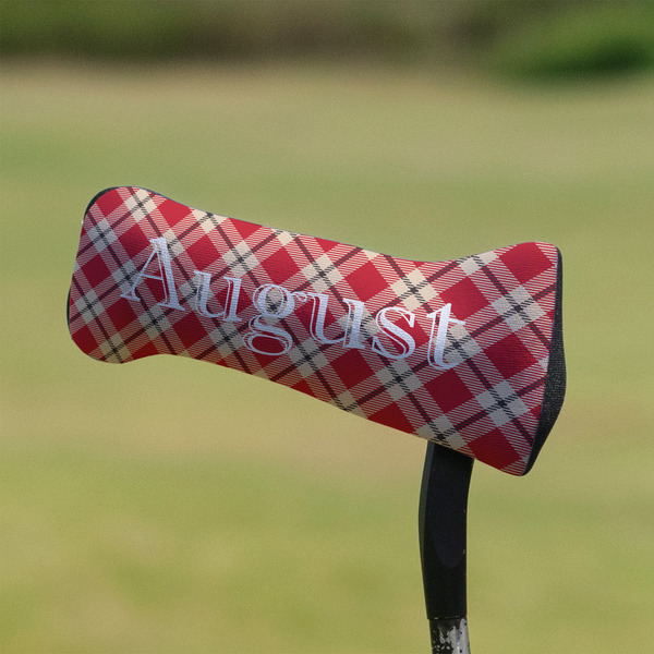 Red & Tan Plaid Putter Cover - On Putter