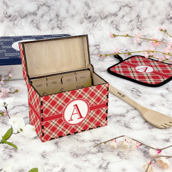 Red & Tan Plaid Recipe Box - Full Color - In Context