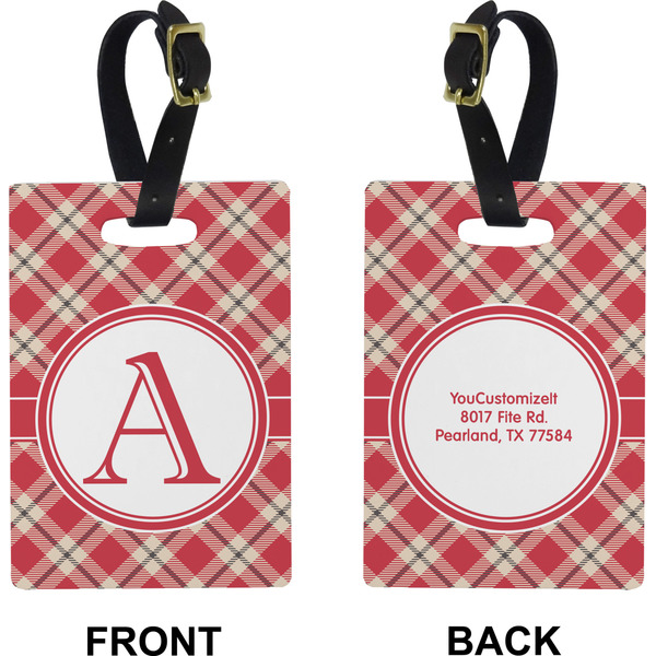 Red & Tan Plaid Rectangle Luggage Tag (Front + Back)