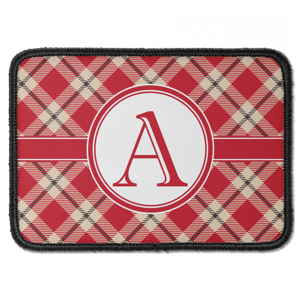 Custom Red & Tan Plaid Iron On Rectangle Patch w/ Initial