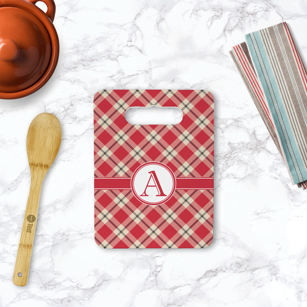 Red & Tan Plaid Rectangle Trivet with Handle - LIFESTYLE