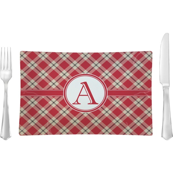 Custom Red & Tan Plaid Rectangular Glass Lunch / Dinner Plate - Single or Set (Personalized)