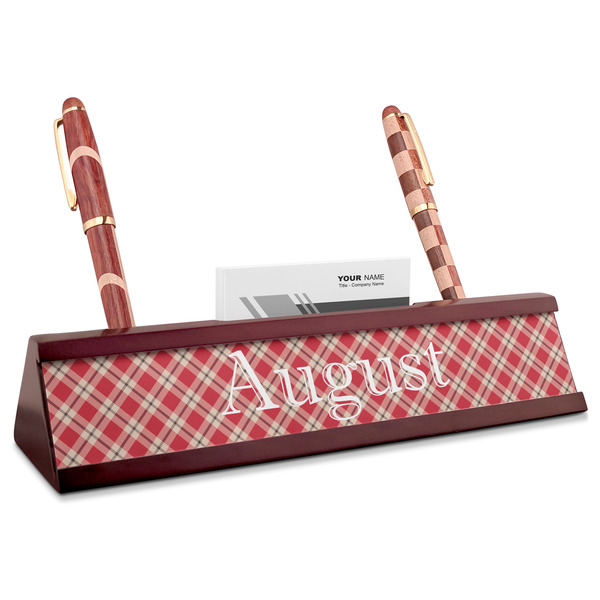 Custom Red & Tan Plaid Red Mahogany Nameplate with Business Card Holder (Personalized)