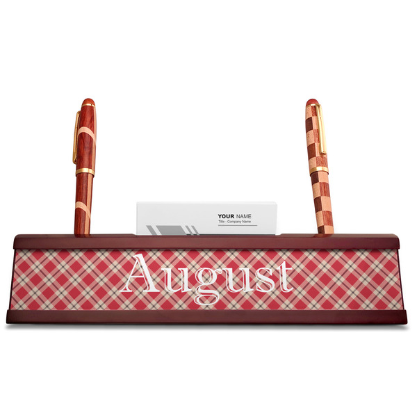 Red & Tan Plaid Red Mahogany Nameplates with Business Card Holder - Straight