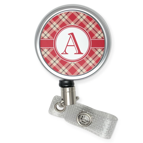 Custom Red & Tan Plaid Retractable Badge Reel (Personalized)