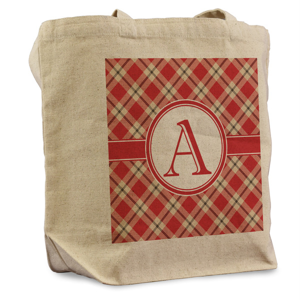 Custom Red & Tan Plaid Reusable Cotton Grocery Bag (Personalized)